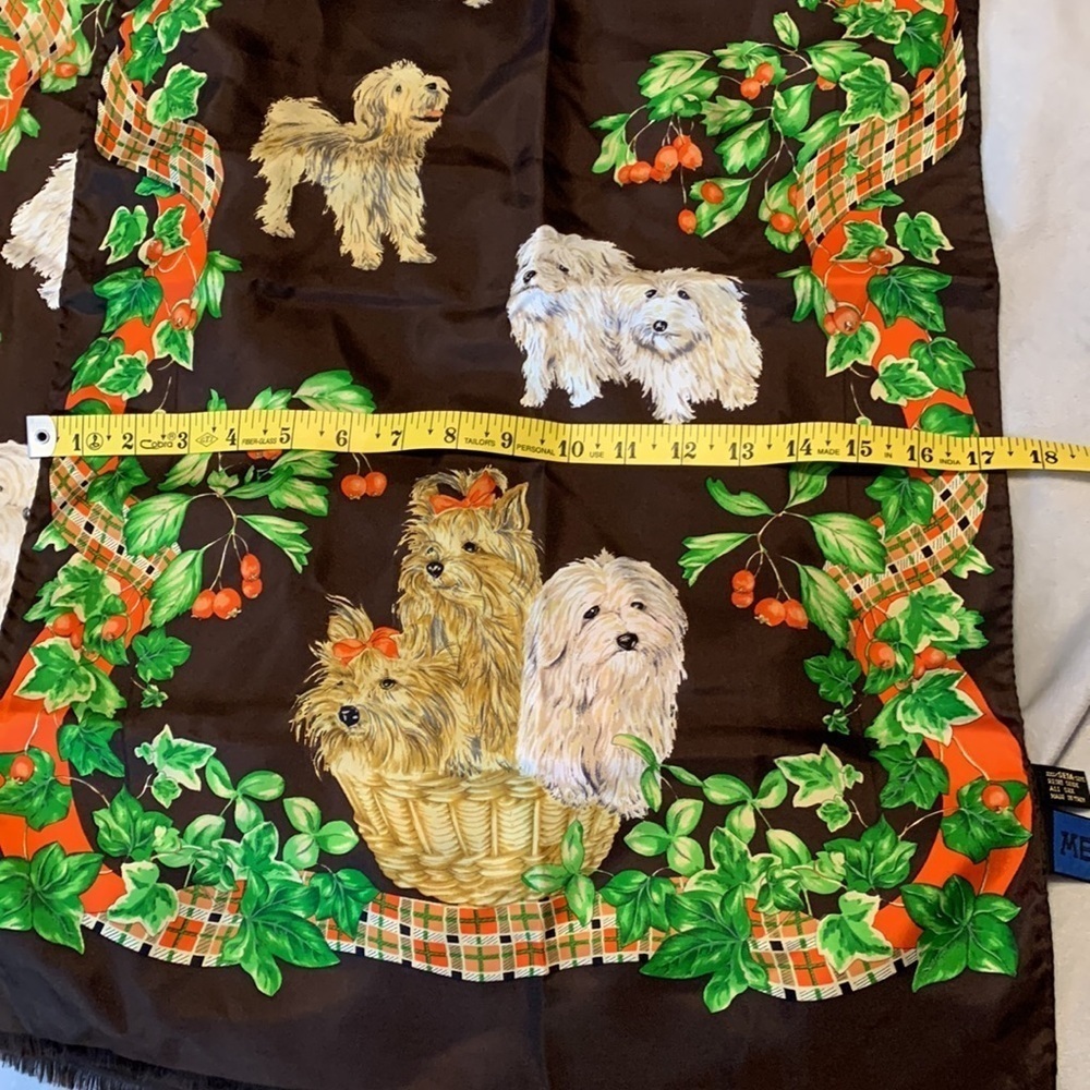 Yorkie Terrier Dog Print Silk Scarf brown ivy orange tartan silk Medici Italy - Picture 5 of 5